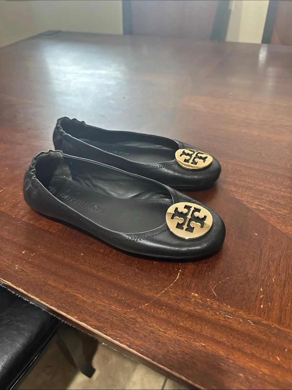 Tory Burch Black Leather Ballet Flats with Gold Logo Medallion